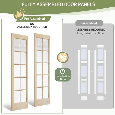 Preassembled Solid Spruce Wood Double Sliding Closet Doors Set With Bypass Hardware Track Kit 60 Inch By 80 Inch Two 31 Inch Tempered Clear Glass Panels Barn Door Slab For Interior Pantry Kitchen Built To Last Rustic Style shown assembled with panels