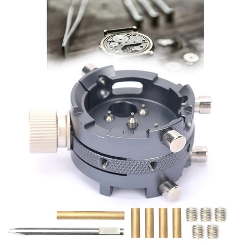 7750 Watch Movement Base and Holder for Repairing and Adjusting, alloy tool with secure fixation, shown with accessories, pro grade studio essential