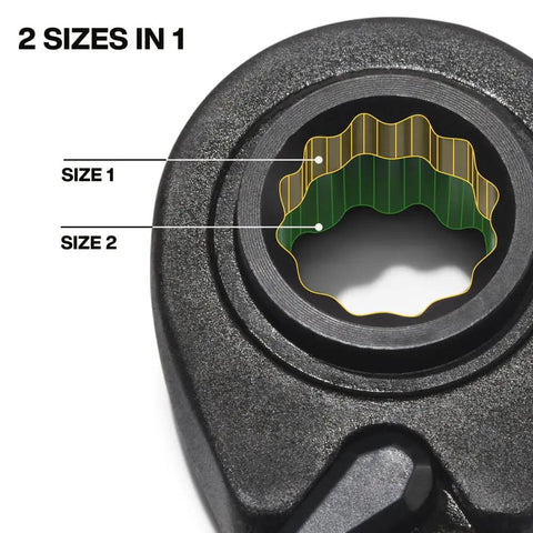 Close-up of 4 In 1 Reversible Ratchet Wrench With Box Wrench, showcasing SAE size details for precision in tight spaces and quick adjustments.