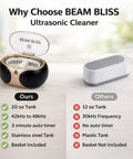 Beam Bliss 40W Ultrasonic Jewelry Cleaner With 3 Minute Auto Timer And No Fuss Cleaning, stainless steel tank, and comparison chart