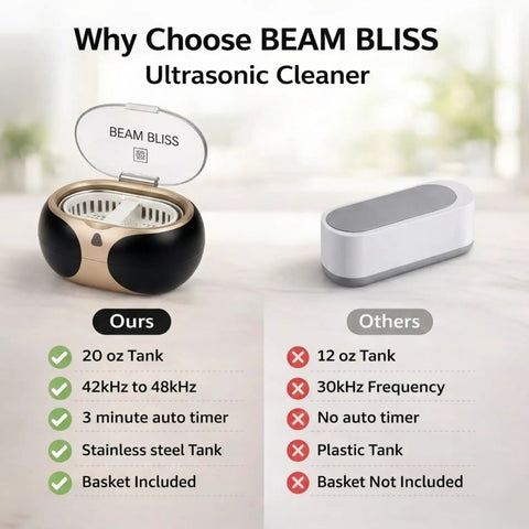 Beam Bliss 40W Ultrasonic Jewelry Cleaner With 3 Minute Auto Timer And No Fuss Cleaning, stainless steel tank, and comparison chart