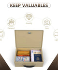 Open Fireproof Document Safe Box With Key Lock Sturdy Double Steel Chest containing valuables, cash, passport, sand finish.