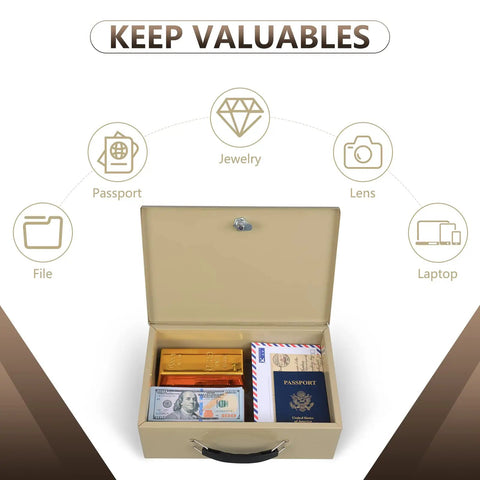 Open Fireproof Document Safe Box With Key Lock Sturdy Double Steel Chest containing valuables, cash, passport, sand finish.