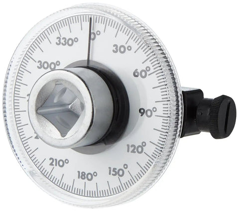 Pro Grade Torque Angle Gauge With Male And Female Half Inch Drives, A Must Have Tool For Modern Motors, 360 Degree Scale Marked In 2 Degree Increments With 10 And 30 Degree Reference Intervals, Easily Zeroed For Quick Reuse, 1/2 in drive