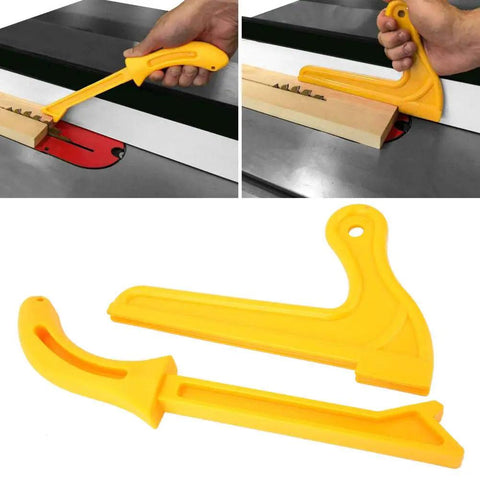 Must Have Safety Push Block And Push Stick For Woodworking, Plastic Steady Grip For Router Table, Shaper, Band Saw, Table Saw, Jointer, Durable Yet Easy To Use Safety Tool shown on table saw with close-up of ergonomic handles.