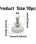 Heavy Duty M3 X 6mm Knurlled Thumb Screws Set Of Ten Slick Flat Heads For No Sweat Assembly shown with size dimensions.