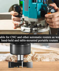 Pro Grade Carbide Tipped CNC Spoilboard Surfacing Router Bit With One Half Inch Shank, Two Inch Cutting Diameter And One Half Inch Depth, Slab Flattening, Surface Planing, Anti Kickback, Heavy Duty Woodworking Router Tool in use on router with hand.