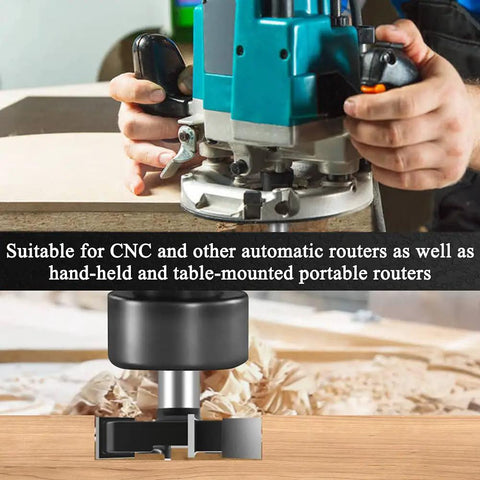 Pro Grade Carbide Tipped CNC Spoilboard Surfacing Router Bit With One Half Inch Shank, Two Inch Cutting Diameter And One Half Inch Depth, Slab Flattening, Surface Planing, Anti Kickback, Heavy Duty Woodworking Router Tool in use on router with hand.