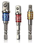 Impact Socket Adapter Extension Set Converts Your Drill To A Nut Driver With 1/4 Inch Hex Shank And 1/4 Inch 3/8 Inch 1/2 Inch Drive Cr-V Steel Anti Slip Locking For Fast DIY Home Repair 3 Piece displaying blue, red, and yellow adapters.