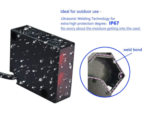 Waterproof IP67 photoelectric beam sensor showing moisture resistance and weld bond, ideal for gates and garage doors.