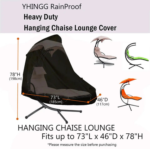 Waterproof 900D Patio Hanging Chaise Lounge Cover For 73 Inch Outdoor Swing Chair Hammock shown with dimensions