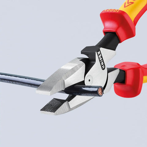 Beefy High Leverage Lineman's Pliers With New England Head 1000V Insulated Dual-Component Grips squeezing a wire