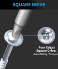 Pocket Hole Screws Size Eight One And One Quarter Inch, 150 Piece Zinc Coated Square Drive Kit showing square bit engaged in screw