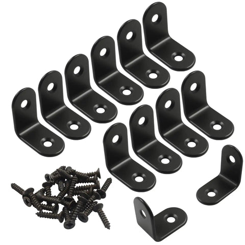 Heavy Duty Black 12 Pack Of 1 Inch Stainless Steel L Brackets With Screws showing corner supports and screws.