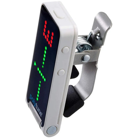PolyTune Clip On Guitar Tuner With Polyphonic Tuning Strobe And Chromatic Modes Plus 108 LED Matrix Display side view.