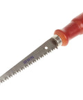 IRWIN drywall jab saw with red handle and serrated steel blade, angled side view.