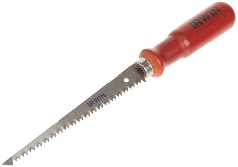 IRWIN drywall jab saw with red handle and serrated steel blade, angled side view.