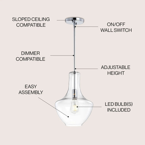 Chrome Mid Century Modern 10.5 Inch One Light LED Pendant Light Fixture With Adjustable Hanging Stem And Clear Glass Shade
