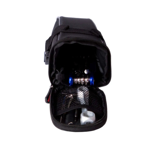 Open waterproof saddle bag showing 10 In 1 Bike Repair Kit With Tire Levers Glueless Patches Bone Wrench Chain Breaker Multi Tool