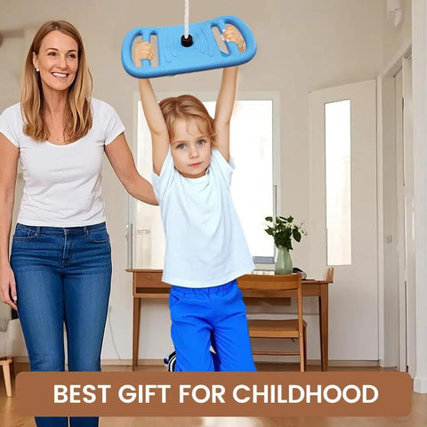 Child using Three In One Kids Swing Set With Disc Seat Climbing Rope Pull Up Bar And Balance Board For Outdoor Treehouse And Backyard Play Easy Setup Durable Child Safe Playground Accessory indoors with adult supervision.