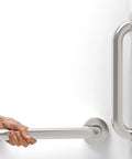 Hand holding Two Pack One And One Quarter Inch By Twelve Inch Bath Safety Grab Bars For Shower And Tub ADA Handrails Heavy Duty Grip Handles