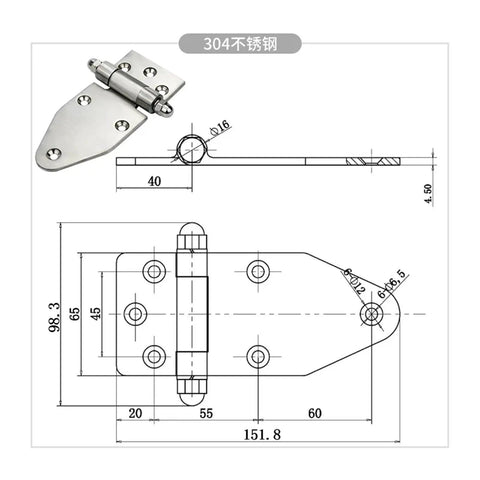 Diagram of Beefed Up Heavy Duty Rotating Concealed Door Hinges In Stainless Steel, dimensions detailed for installation.