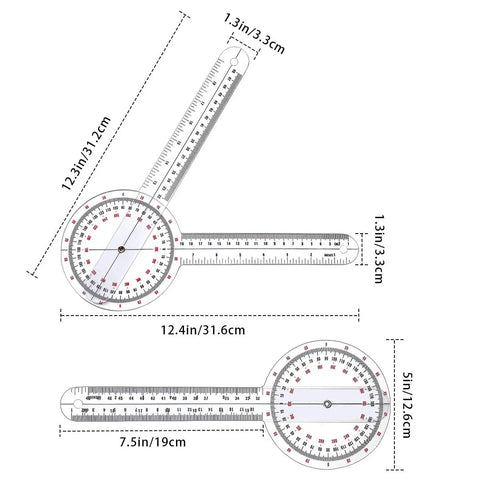12 Inch Transparent Goniometer For Physical Therapy And Joint Range Of Motion Measuring Protractor Ruler 360 Degree Angle Gauge Made Of Plastic Durable Clear Markings For Accurate Readings In Clinic Or Home Use with dimensions shown