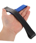 Hand holding Scuba Tank Strap Harness For Easy Gear Attachment And Secure Tank Setup With A Modern Look in black and blue.