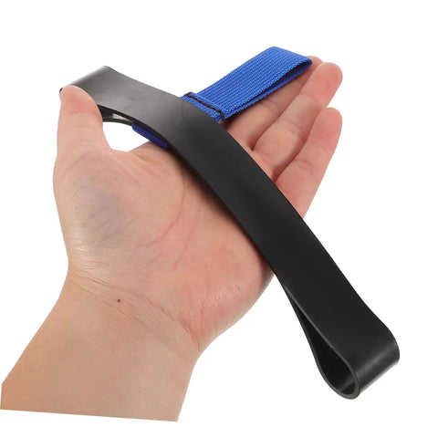 Hand holding Scuba Tank Strap Harness For Easy Gear Attachment And Secure Tank Setup With A Modern Look in black and blue.