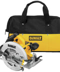 Lightweight 7-1/4 Inch Corded Circular Saw Featuring A Badass 15 Amp Motor With Snappy Electric Brake for easy transport in a sturdy bag.