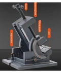 Rock Solid Adjustable Tilting Bench Vise And Precision Work Clamp Built Like A Tank For Woodworking And Metal Drilling Machines No Sweat Smooth Quick Release Lever with adjustable features and jaw visible.