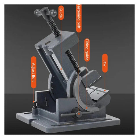 Rock Solid Adjustable Tilting Bench Vise And Precision Work Clamp Built Like A Tank For Woodworking And Metal Drilling Machines No Sweat Smooth Quick Release Lever with adjustable features and jaw visible.