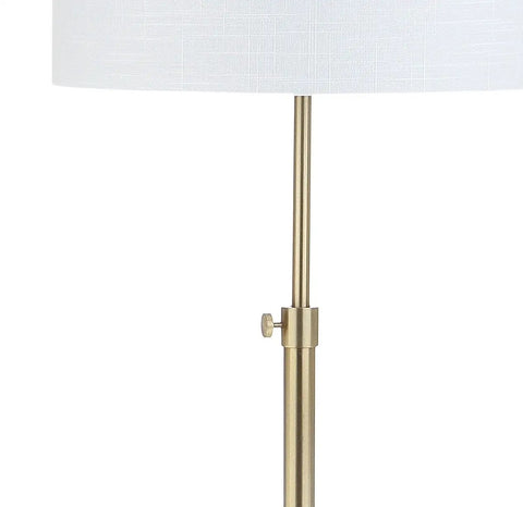 Close-up of 65-Inch Brass Gold And White Marble Adjustable LED Floor Lamp With White Linen Shade For Living Room And Bedroom Bold Modern Glam Standing Light Bulb Included.