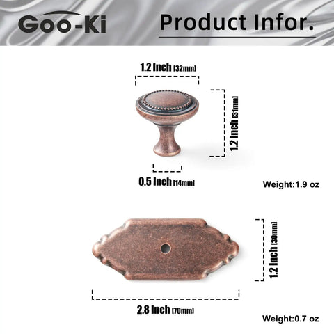 6 Pack Antique Copper Cabinet Knobs With Backplates, Zinc Alloy Drawer Pulls For Kitchen Cabinets, product dimensions shown