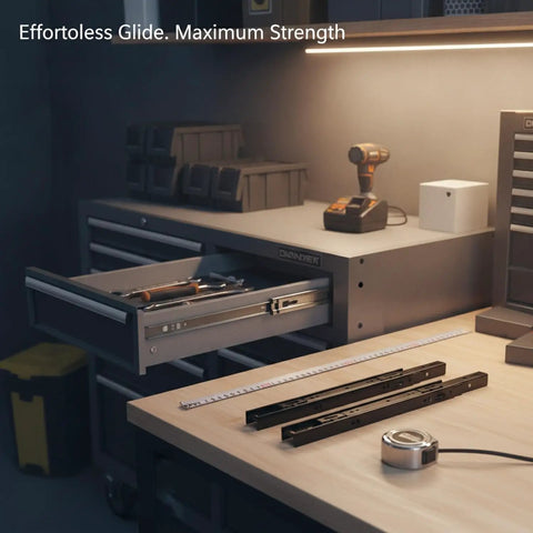 Heavy Duty Ball Bearing Drawer Slides With Cold Rolled Steel Bottom Mount Hardware Black Finish 1 Pair on workbench