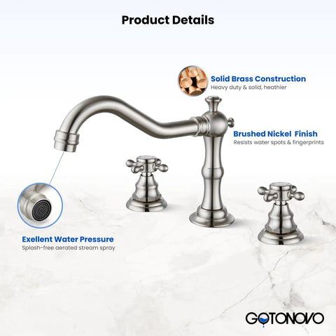 3 Hole Widespread Bathroom Faucet With Double Cross Handles, Deck Mount Mixer Tap For Vanity Sink, Brushed Nickel Finish