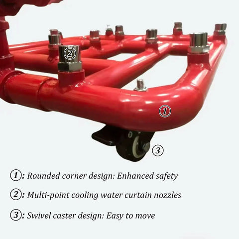 Heavy Duty EV Battery Cooling Extinguisher With Steel Push Pull Rod For Lithium Pack Fire Suppression At Charging Stations And Fuel Pumps Keeps Your Rig Cool No Sweat with swivel casters and multi-point nozzles.