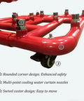 Close-up of Mobile Under Vehicle Battery Cooling Device With Heavy Duty Metal Push Pull Rod, featuring 24 hole spray nozzles and swivel caster.