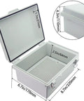 Open Outdoor Electrical Box Enclosure With Clear Hinged Cover IP67 Waterproof ABS Project Box showing dimensions and latch