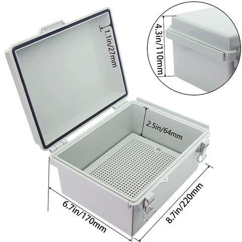 Open Outdoor Electrical Box Enclosure With Clear Hinged Cover IP67 Waterproof ABS Project Box showing dimensions and latch