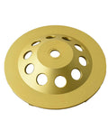 7 Inch Double Row PCD Cup Wheel Set For Beastly Concrete Coatings Removal And Surface Prep Remove Epoxy Mastic Glue Stucco Thinset Grout Mortar And Carpet Adhesives 12 Piece Non Threaded Shank 7/8 To 5/8 Inch, close-up view of gold wheel with central hole and circular cut-outs