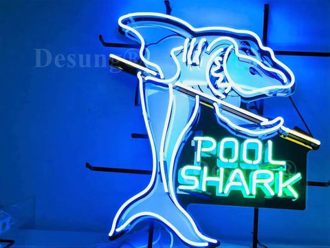 Blue Billiards Neon Sign Light Handmade LED Neon Tubing 14x17 Inch With Transparent Acrylic Frame featuring pool shark design