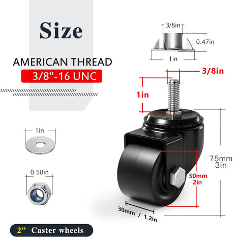 Heavy Duty Swivel Caster Wheels Set Of 4 Low Profile 2 Inch Casters With Hella Sturdy 2200 Pound Capacity Smooth Rolling Rig For Workbenches Shop Carts And Furniture American Thread Stem detailed size chart.