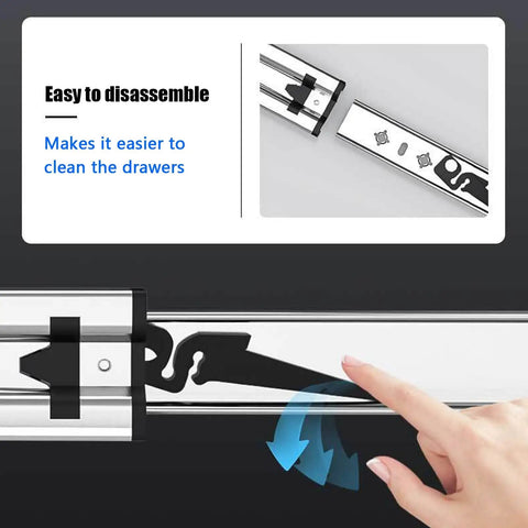 Heavy Duty Full Extension Drawer Slides With Side Mount Rails For 300mm 550mm And 1200mm Lengths, easy disassembly feature shown
