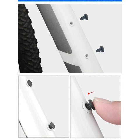 Heavy Duty Rubber Screw Plugs For M5 Threaded Holes on a bike frame, showcasing installation over exposed screw holes.
