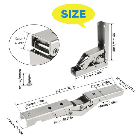 Heavy Duty Folding Shelf Brackets With Self Locking Hinges 2 Pack Hidden Screws for Cabinets, with detailed measurements