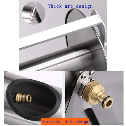 Close-up of Rock Solid Stainless Steel Hose Reel With Twenty Five Meter Heavy Duty Pvc Tube showcasing thick arc and protection tube design
