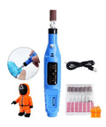 Electric Polisher Sander Kit For Polishing Deburring And Edge Trimming Of 3D Models And DIY Projects With 3D Printer Parts Black Durable Easy To Use Versatile Model Making Tool For Home And Workshop showing blue handheld device with attachments and USB cable.
