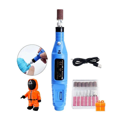 Electric Polisher Sander Kit For Polishing Deburring And Edge Trimming Of 3D Models And DIY Projects With 3D Printer Parts Black Durable Easy To Use Versatile Model Making Tool For Home And Workshop showing blue handheld device with attachments and USB cable.