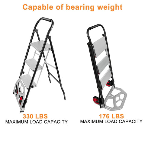 2 In 1 Hand Truck And Step Ladder Foldable Dolly Cart Heavy Duty For Moving Up To 330 Lb with 330 lbs and 176 lbs load capacities